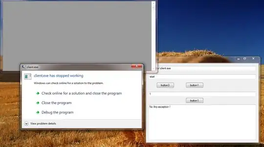 Screenshot of windows, front-most says "client.exe has stopped working".