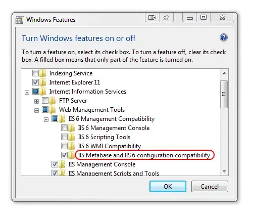 Windows Features dialog showing IIS Metabase option