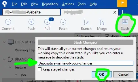 Sourcetree window with Stash button highlighted and dialog popup showing input to name your stash with OK button highlighted