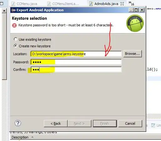 Step 2: Browse Directory and put filename.keystore and create password