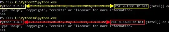 Example from the command line showing Python 2.7 compiled with MSC v.1500 and Python 3.4.1 compiled with MSC v.1600