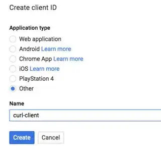 Application type = Other, Name = curl-client