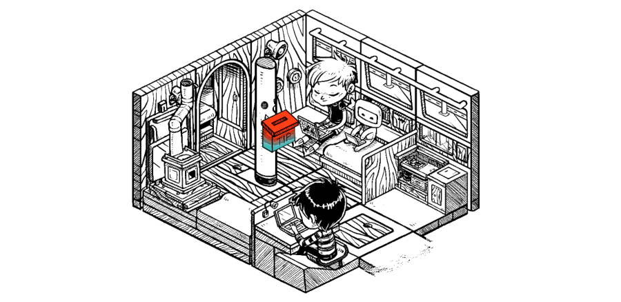 an isometric drawing of the interior of a sailboat. Rek, Little Ninj and Devine are sitting in various spots in the boat with their laptops, doing some work.