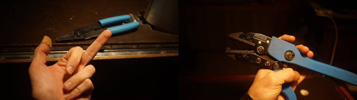 two photos, one has a hand flipping off a pair of crappy hardware store grade wire strippers, the other is holding an ancor crimp tool
