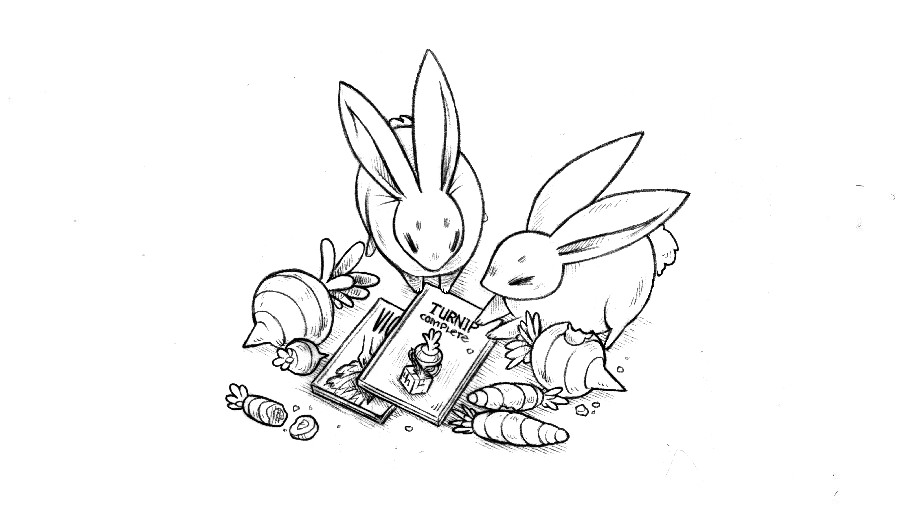 two rabbits are laying near a copy of a book called Turnip Complete, and another underneath with the title barely visible. Some turnips and carrots are laying near the rabbits, some had bites taken out of them.