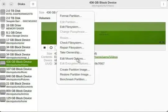 gnome-disks with context menu of a volume shown