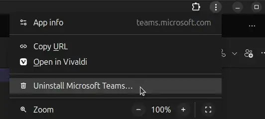 Screenshot of the Uninstall menu entry of the PWA