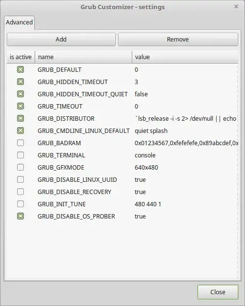 GRUB settings dialog