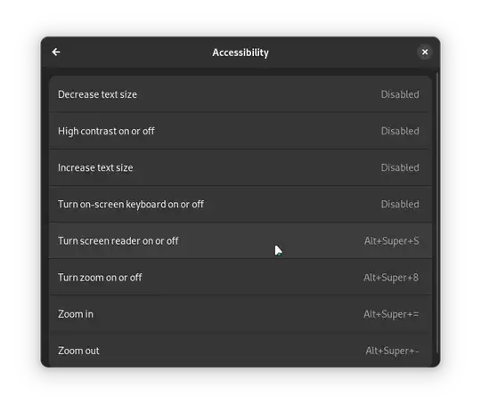An image of the Accessibility menu of the shortcuts menu