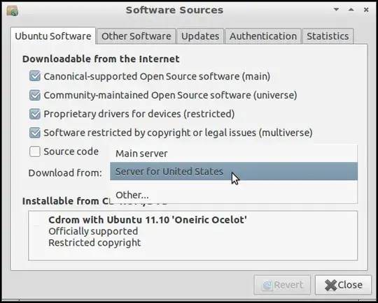Software Sources window showing Server for United States being selected in the drop-down menu.
