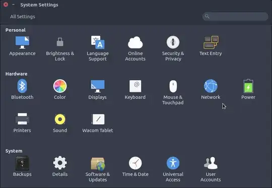 Settings window of Ubuntu with mouse over "Network"