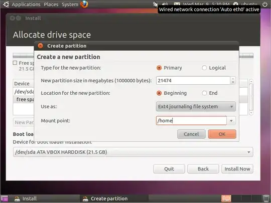 "Create partition" dialog box is open, with mount point set to /home . 
