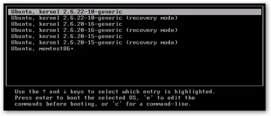 GRUB main menu with a selection of Ubuntu kernels with recovery mode options and memtest