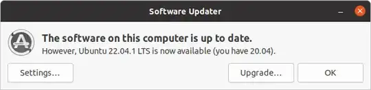 Software Updater. The software on this computer is up to date. However, Ubuntu 22.04.1 LTS is now available(you have 20.04). Settings... Upgrade... OK
