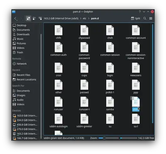 Preview of contents in the directory /etc/pam.d/ showing ./sddm