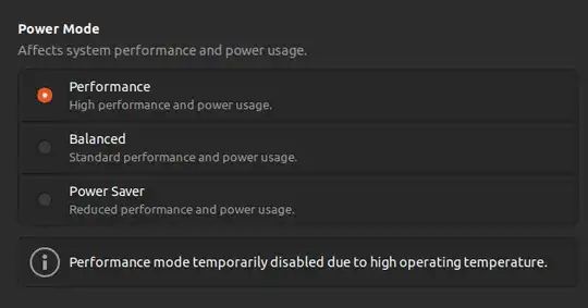 screenshot showing Ubuntu saying that performance mode is temporarily disabled due to high operating temperature