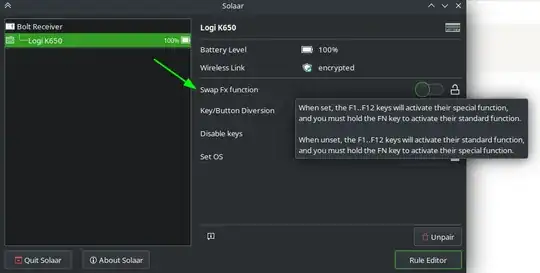 image depicting Solaar window with Logi K650 keyboard options displayed and an arrow pointing to the Swap Fx function option which is turned off