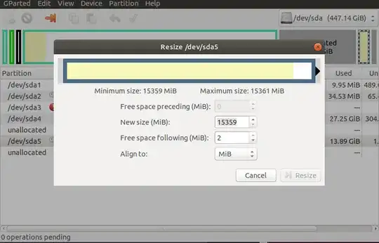 screenshot of GParted, showing resize window