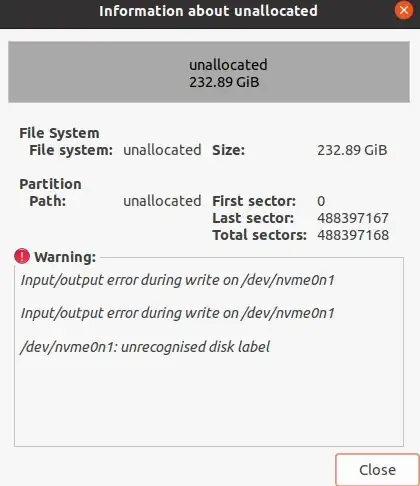 Screenshot of info about unallocated