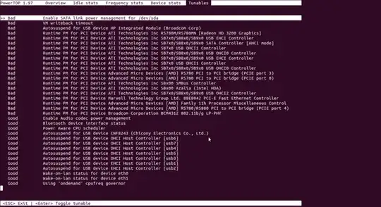 PowerTOP 1.97 - Overview - Idle stats - Frequency stats - Device stats - Tunables