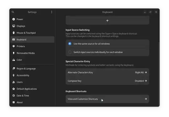 An image of the shortcuts section of the gnome settings application