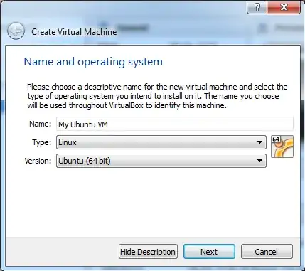 Screenshot of 64 bit VM selection