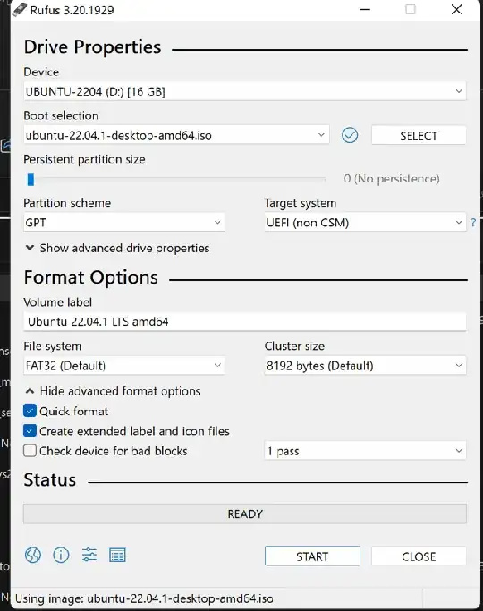rufus settings ubuntu 22.04