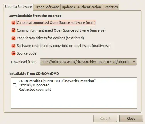 Software Sources with Ubuntu software tab selected