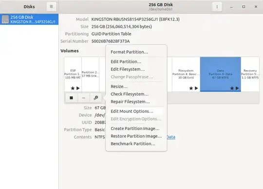 Disks application - cogs icon menu, about to click Edit Mount Options...