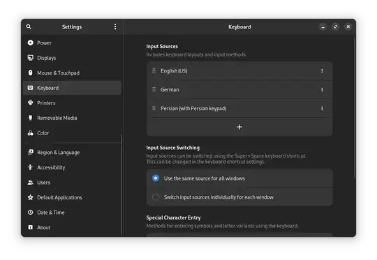 An image of the keyboard section of the settings application