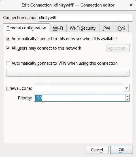 Connection Editor panel of plasma-nm