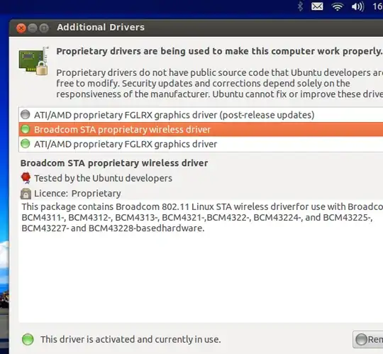 GUI window showing activated Broadcom proprietary wireless driver