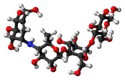 Ball-and-stick model of the acarbose molecule