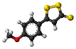 Ball-and-stick model of the anethole trithione molecule