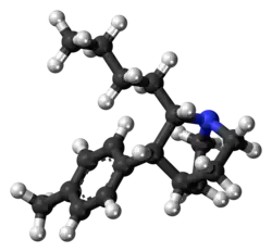 Ball-and-stick model of the butyltolylquinuclidine molecule
