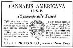 An advertisement for cannabis americana distributed by a pharmacist in New York in 1917