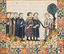 Miniature of the Cantiga #275 depicting two monks hospitaller with rabies being carried before St. Mary of Terena[146]