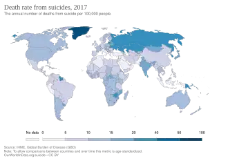 Death rate from suicide per 100,000 as of 2017[230]