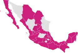 State map of Mexico. Most states are grey: technically illegal but effectively legal, as the state law is not prosecuted. As of 2022, 9 states have legalized abortion; this includes Coahuila, which borders Texas.
