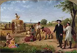Washington the farmer is shown standing on his plantation talking to an overseer as children play and slaves work. Work is by Junius Stearns.