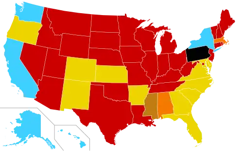 Abortion legal on request: AK, HI, NY, WA; allowed for danger to woman's health, rape or incest, or likely damaged fetus: AR, CA, CO, DE, FL, GA, KS, MD, NC, NM, OR, SC, VA; allowed for danger to woman's health: AL, MA; allowed for rape but not life: MS; allowed for danger to the woman's life: AZ, CT, IA, ID, IL, IN, KY, LA, ME, MI, MN, MO, MT, ND, NE, NH, NJ, NV, OH, OK, RI, SD, TN, TX, UT, VT, WI, WV, WY; complete ban: PA.