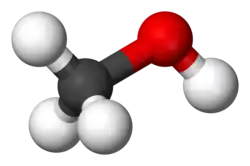 semi-space-filling molecular diagram of methanol; a carbon and three hydrogens make a tetrahedron, and the carbon point of the tetrahedron has an oxygen atom, which in turn is attached at an angle to a hydrogen atom.