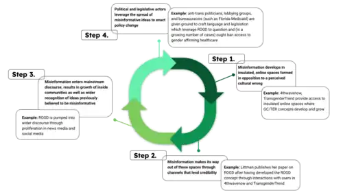 Illustration by Catherine Lockmiller of the cyclical pipeline between transgender healthcare misinformation and anti-trans legislation featuring ROGD as a case study[42]
