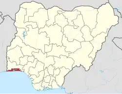 A map of Nigeria showing the location of Lagos State in red.