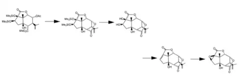 Begin with methyl (1S,4S,5R,7R,8S,9R,10R,11R)-10-(acetyloxy)-7-hydroxy-11-methyl-3-oxo-9-(prop-1-en-2-yl)-4,5-bis[(trimethylsilyl)oxy]-2-oxatricyclo[5.3.1.04,11]undecane-8-carboxylate. (1) Intramolecular transesterification, releasing methyl acetate; then (2) deprotection of a trimethylsilyl-protected vicinal diol, followed by (3) reductive dehydration to an olefin, and (4) stereospecific epoxidation to a glycidic ester