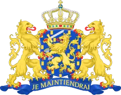 Azure, billetty Or a lion with a coronet Or armed and langued Gules holding in his dexter paw a sword Argent hilted Or and in the sinister paw seven arrows Argent pointed and bound together Or. [The seven arrows stand for the seven provinces of the Union of Utrecht.] The shield is crowned with the (Dutch) royal crown and supported by two lions Or armed and langued gules. They stand on a scroll Azure with the text (Or) "Je Maintiendrai" (French for "I will maintain".)