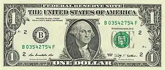 Paper currency with a portrait of Washington and a denomination of one US dollar