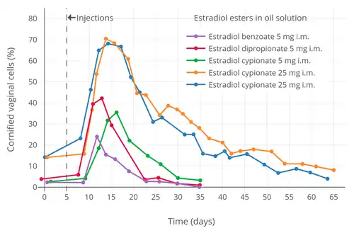 Vaginal cornification with a single intramuscular injection of 5 mg estradiol benzoate, 5 mg estradiol dipropionate, or 5 to 25 mg estradiol cypionate in oil solution in women. Source: Schwartz & Soule (1955).