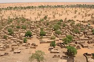 Environmental migration. Sparser rainfall leads to desertification that harms agriculture and can displace populations. Shown: Telly, Mali (2008).[270]