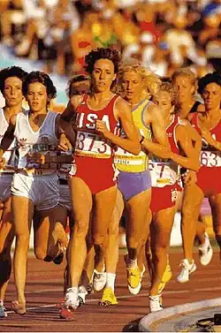 Olympic Runner Zola Budd (left), running barefoot at the 1984 Olympics